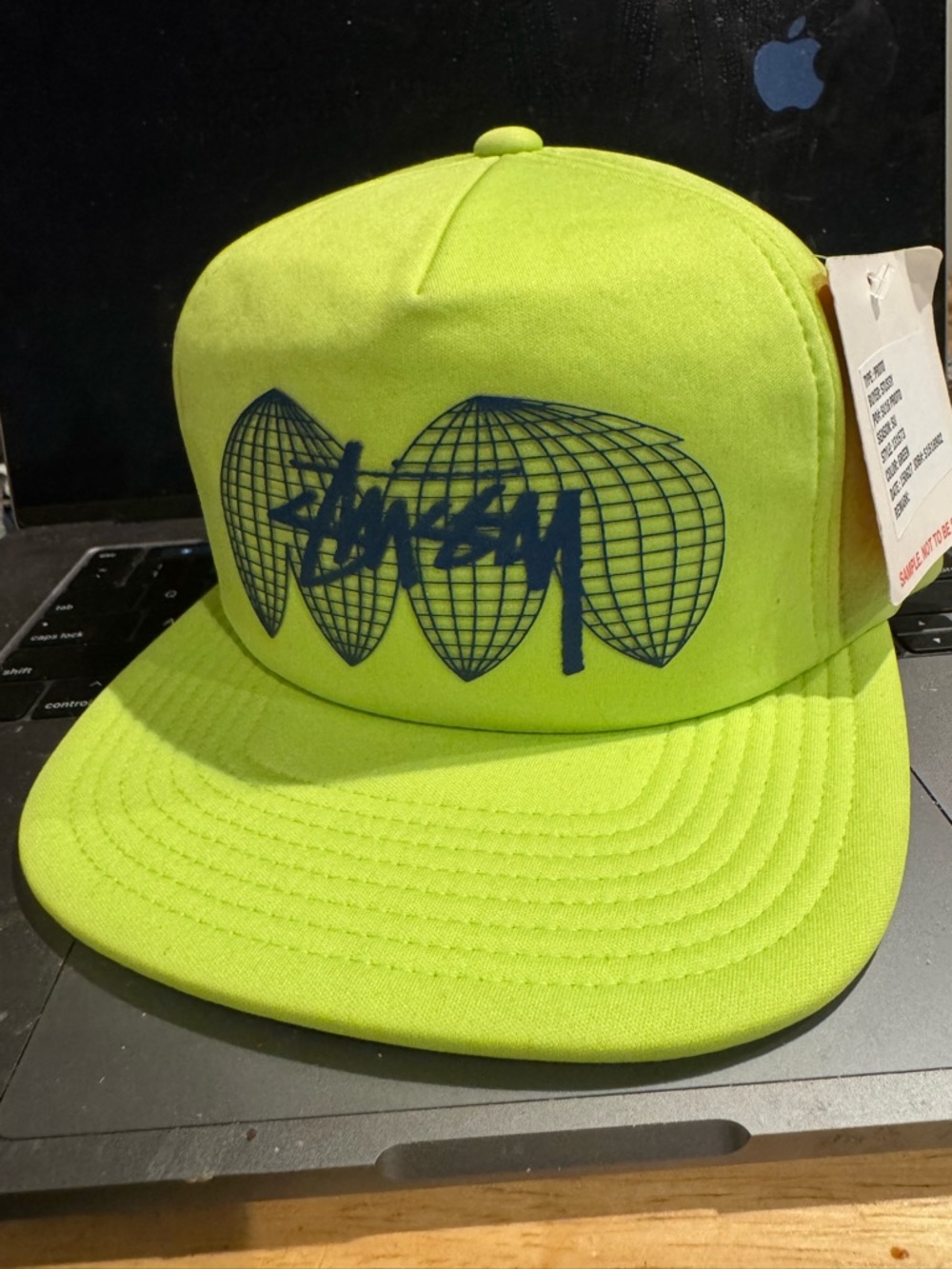 NWT Stüssy SAMPLE Retro Neon Green Globe Logo Snapback Hat
